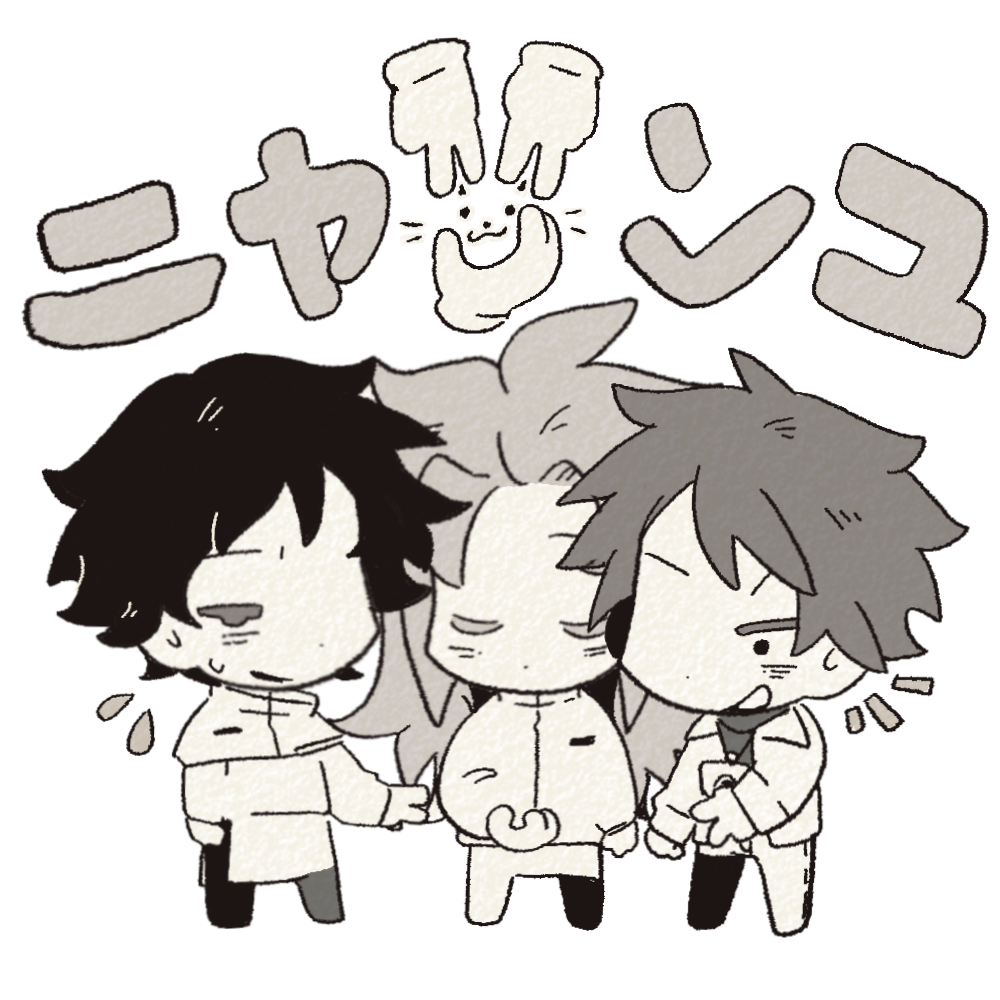 3boys, capelet, chinese_commentary, closed_eyes, commentary_request, flying_sweatdrops, greyscale, guopi_zhixie