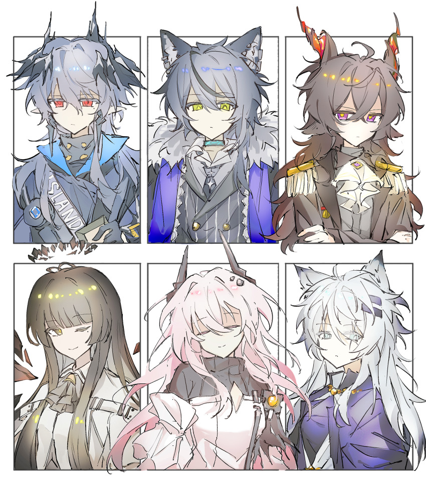 3boys, 3girls, ;), absurdres, ahoge, animal_ears, arknights, ascot