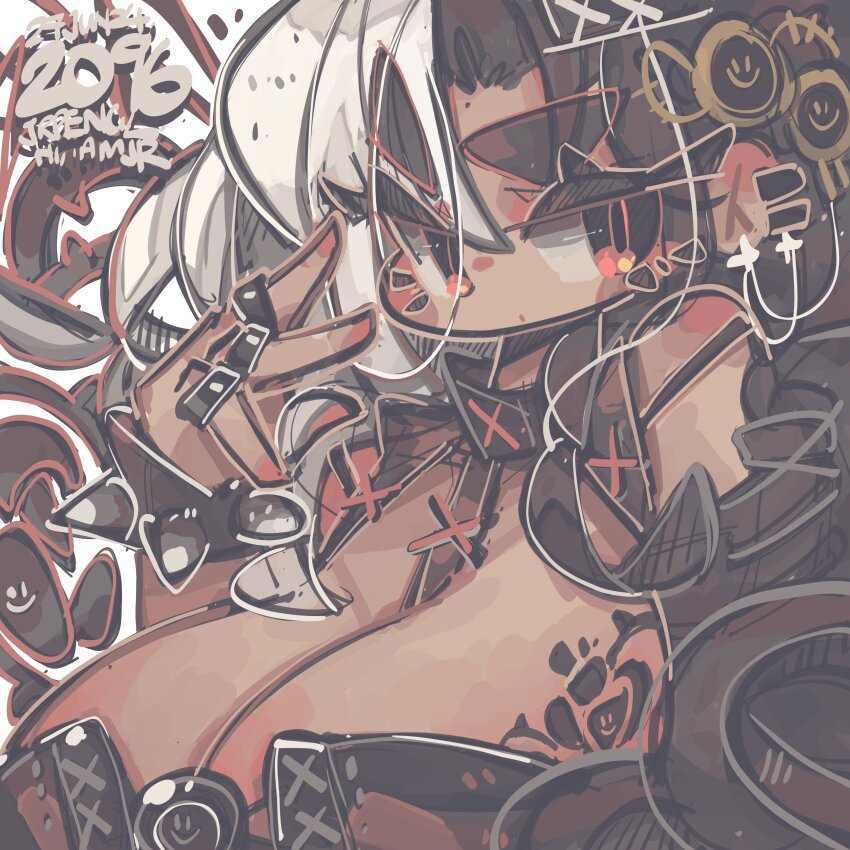 1girl, absurdres, arm_tattoo, belt_bra, between_breasts, bikini, black_bikini, black_hair