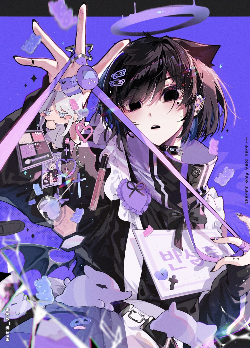 1boy, aegyo_sal, androgynous, animal_ears, apron, arm_up, bandaid, black_bow