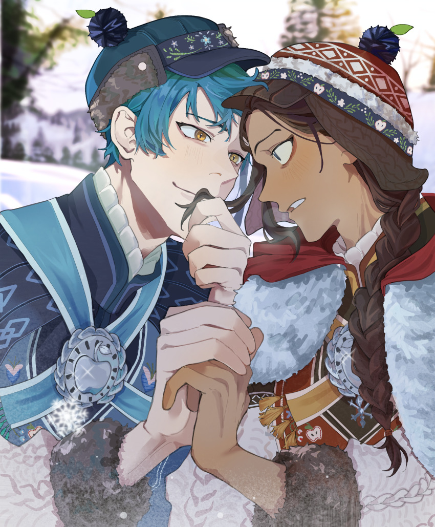 2boys, absurdres, alternate_hairstyle, bags_under_eyes, beanie, black_hair, blue_hair, blush