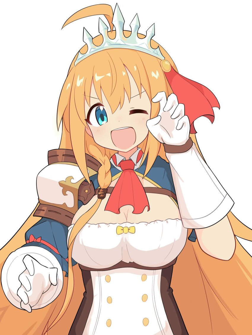 ahoge, armor, braid, breasts, cleavage, gloves, highres, large_breasts, long_hair, one_eye_closed, open_mouth, orange_hair, pecorine_(princess_connect!), princess_connect!, shoulder_armor, sironuigurumi, tiara, very_long_hair, white_gloves