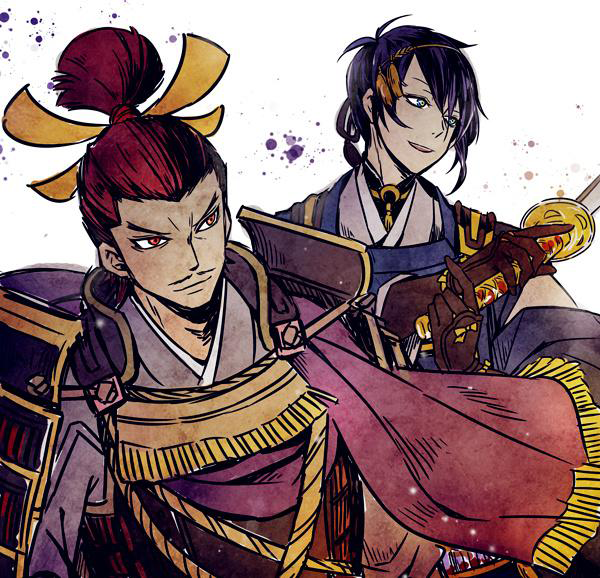 2boys, armor, ashikaga_yoshiteru_(sengoku_basara), blue_eyes, blue_hair, crossover, facial_hair, ha0810