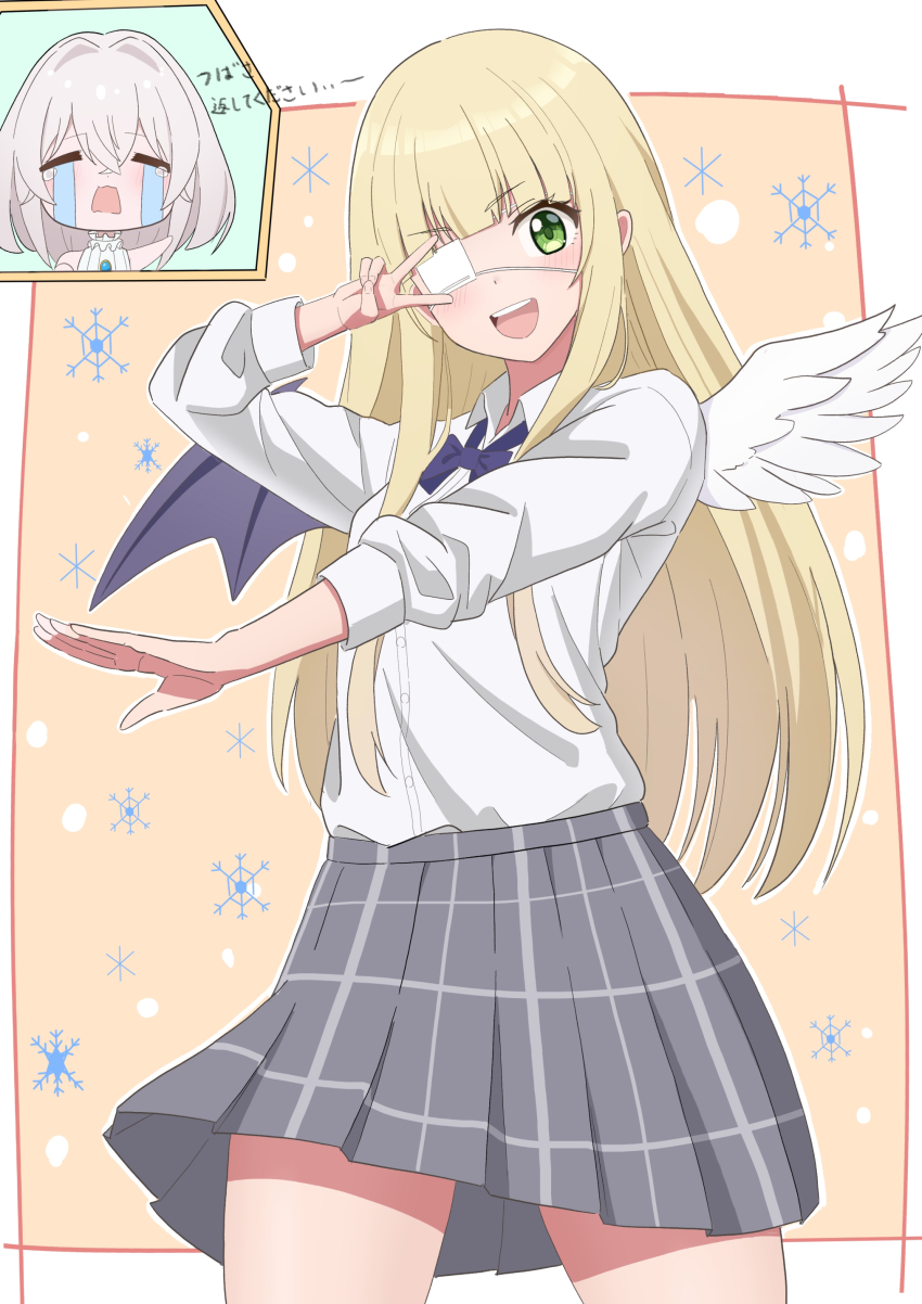 2girls, :v, absurdres, akure1129, angel_wings, blonde_hair, blunt_bangs, bow, bowtie, cowboy_shot, demon_wings, eyepatch, green_eyes, grey_skirt, highres, izumi_noel, long_hair, long_sleeves, medical_eyepatch, multiple_girls, one_room_hiatari_futsuu_tenshi-tsuki, open_mouth, plaid_clothes, plaid_skirt, pleated_skirt, purple_bow, purple_bowtie, school_uniform, shirt, simple_background, skirt, straight_hair, teeth, towa_(tenshi-tsuki), white_shirt, wings