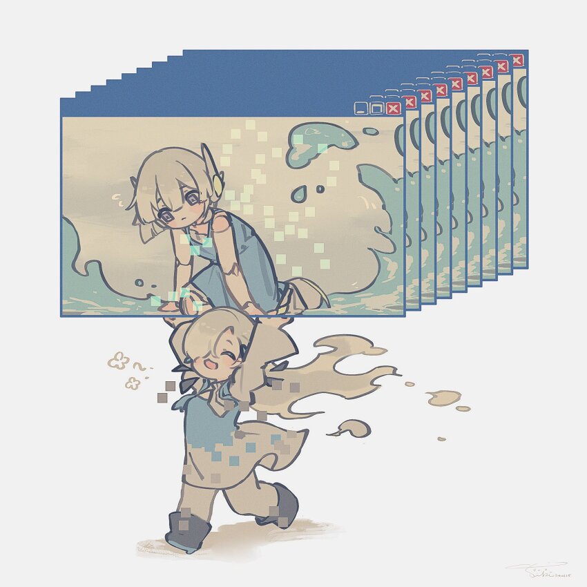 2girls, aiobahn, android_girl_(aiobahn), arms_up, black_footwear, blue_dress, blue_flower, carrying, closed_eyes, dress, flower, ghostlibe, grey_eyes, grey_hair, hair_flower, hair_ornament, hair_over_one_eye, happy, highres, isekaijoucho, kamitsubaki_studio, kneeling, long_hair, long_sleeves, looking_at_another, multiple_girls, nemophila_(flower), pixels, running, shoes, simple_background, smile, two-tone_dress, virtual_youtuber, water, white_background, white_dress, white_hair, window_(computing)