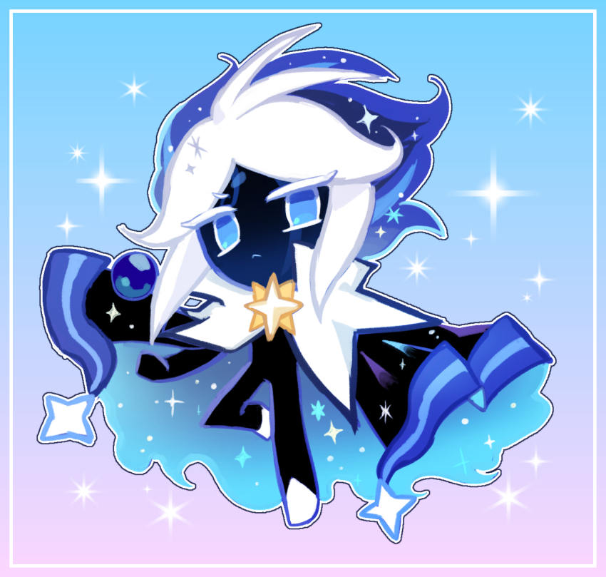 1boy, arm_up, black_cape, black_skin, blue_cape, blue_eyes, blue_hair, blue_ribbon