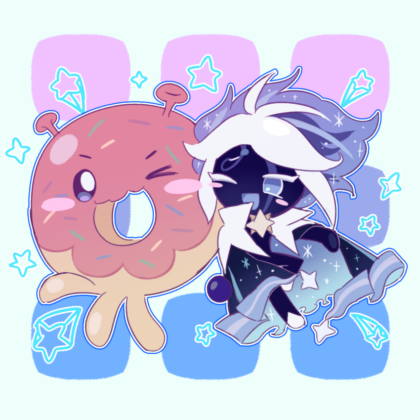 1boy, 1other, alien, antennae, arm_up, black_cape, black_eyes, black_skin