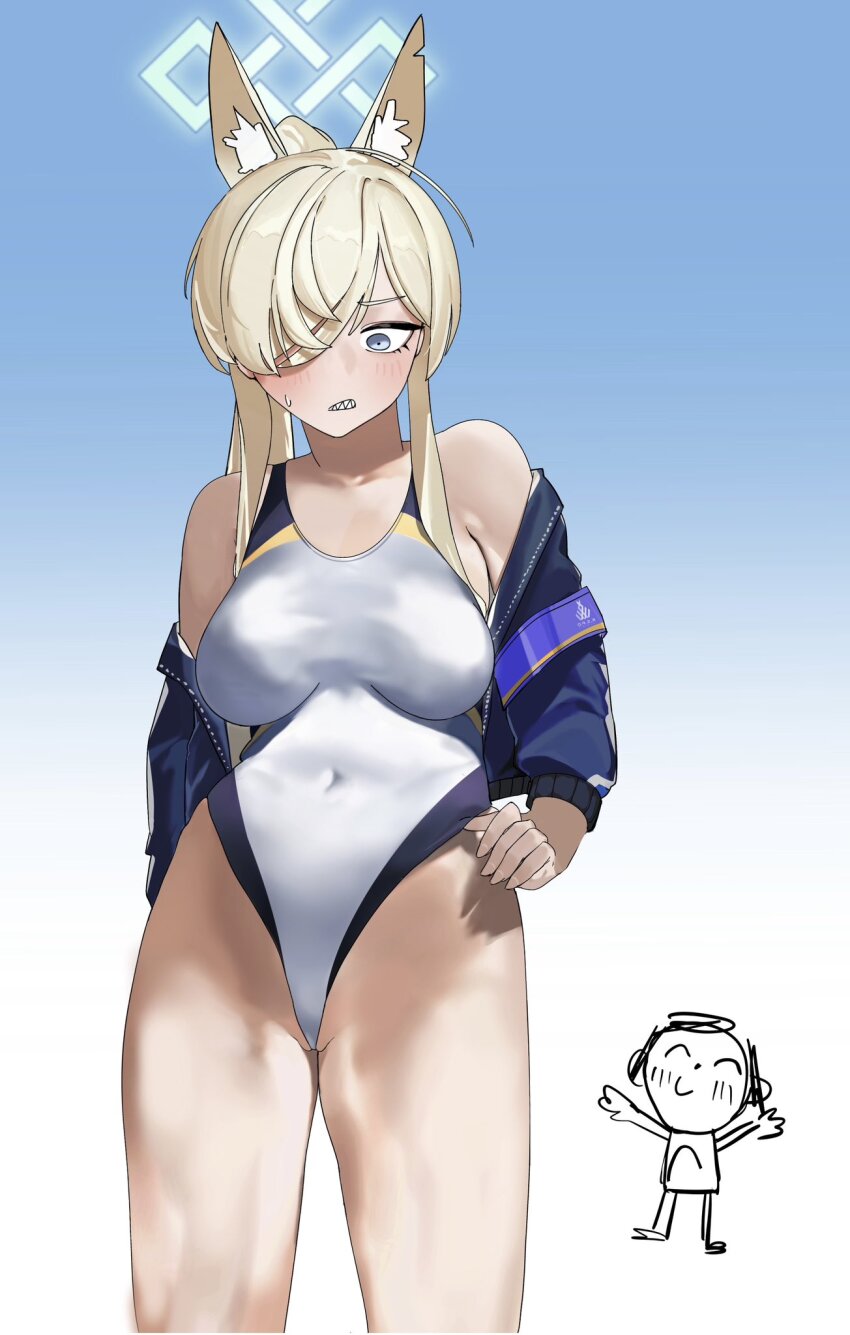 1boy, 1girl, animal_ear_fluff, animal_ears, bbocsean, blonde_hair, blue_archive, blue_eyes, blue_halo, blue_jacket, blush, breasts, clenched_teeth, competition_swimsuit, covered_navel, cowboy_shot, dog_ears, doodle_sensei_(blue_archive), extra_ears, gradient_background, hair_over_one_eye, halo, highres, jacket, kanna_(blue_archive), kanna_(swimsuit)_(blue_archive), large_breasts, long_hair, long_sleeves, official_alternate_costume, one-piece_swimsuit, open_clothes, open_jacket, ponytail, sensei_(blue_archive), sharp_teeth, swimsuit, teeth, white_one-piece_swimsuit