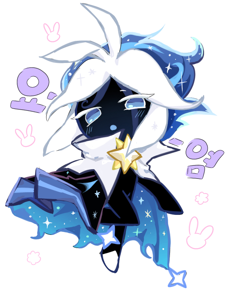 1boy, :o, ahoge, animal_print, arm_up, black_cape, black_skin, blue_cape, blue_eyes, blue_hair, blue_ribbon, blue_tattoo, blue_trim, blush, cape, collar, colored_eyelashes, colored_skin, comet, commentary, cookie_run, cookie_run:_kingdom, dark_blue_hair, dbrs, facial_mark, facial_tattoo, floating_cape, floating_hair, full_body, gold, half-closed_eyes, head_tilt, in_air, looking_at_viewer, male_focus, marking_on_forehead, midair, multicolored_hair, one_leg_raised, open_mouth, rabbit_print, ribbon, shoes, short_hair, sidelocks, simple_background, solo, sparkle, sparkle_print, star_(symbol), star_ornament, stardust_cookie, swirl, tagme, tattoo, see-through_hair, white_background, white_collar, white_eyelashes, white_hair, white_shoes