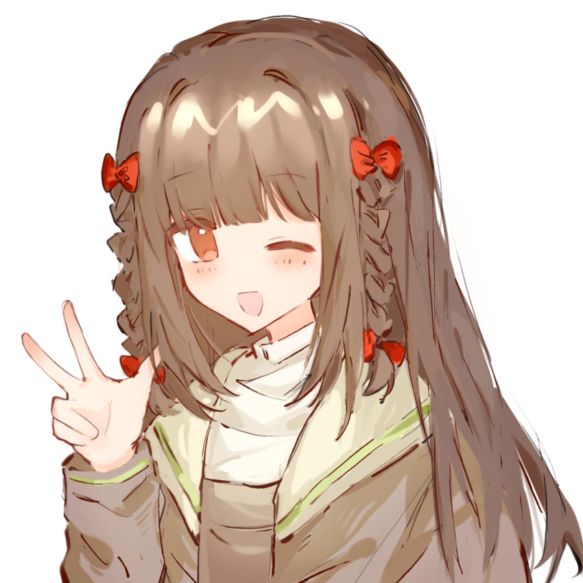 1girl, bow, braid, brown_hair, brown_jacket, brown_vest, hair_bow, hand_up