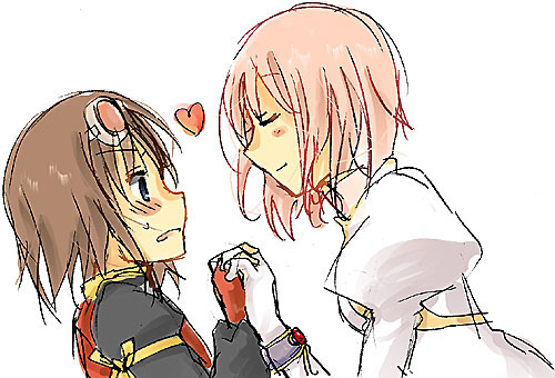00s, 2girls, blue_eyes, blush, bracelet, brown_hair, choker, couple, estellise_sidos_heurassein, closed_eyes, fingerless_gloves, gloves, goggles, goggles_on_head, holding_hands, heart, imminent_kiss, interlocked_fingers, jewelry, kiss, lowres, multiple_girls, pink_hair, rita_mordio, short_hair, smile, tales_of_(series), tales_of_vesperia, uyuki_(ouun), white_background, yuki_u, yuri