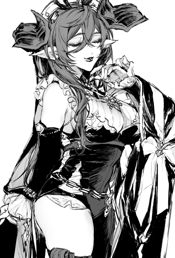 1girl, closed_eyes, crossed_bangs, detached_sleeves, extra_ears, galleon_(granblue_fantasy), granblue_fantasy, greyscale