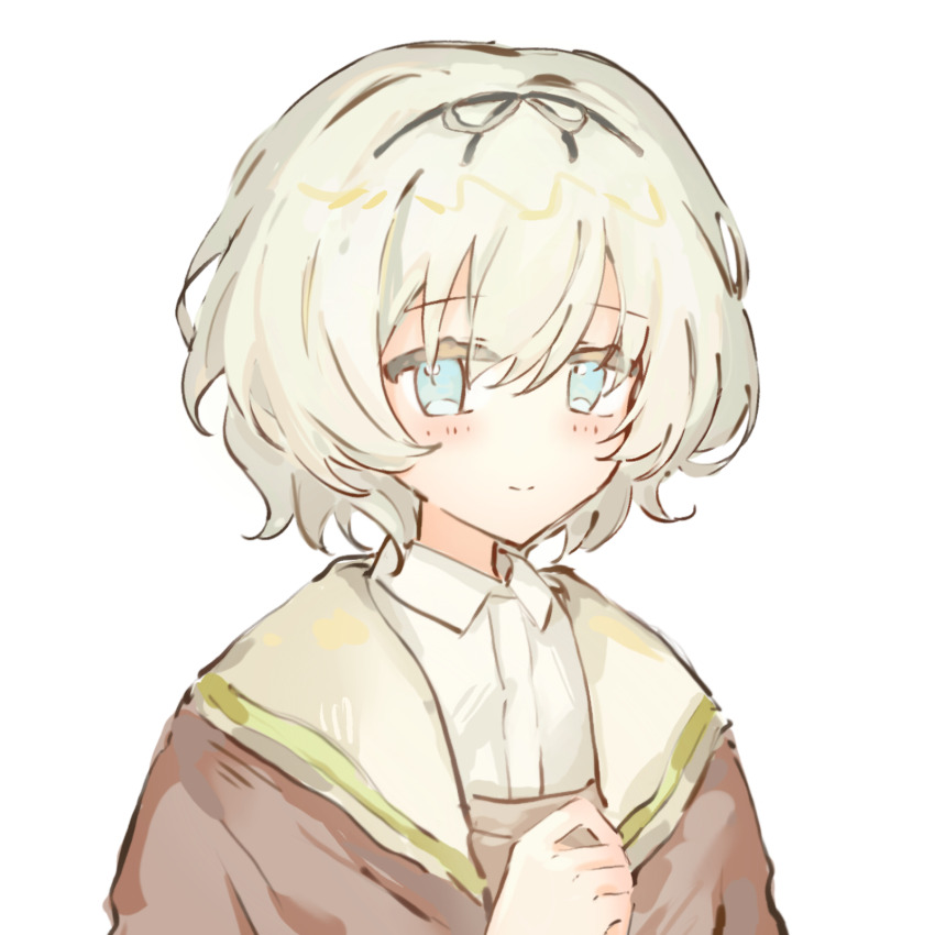 1girl, black_hairband, black_ribbon, blue_eyes, brown_jacket, brown_vest, closed_mouth, collared_shirt