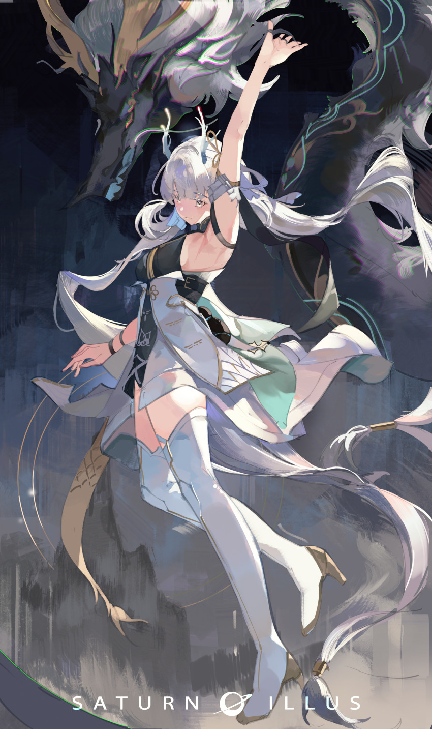 1girl, 1other, absurdres, arm_up, black_shirt, bow, breasts, chromatic_aberration