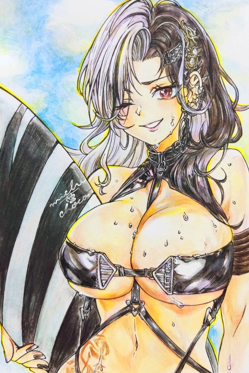 artist_name, belt_bra, between_breasts, bikini, black_bikini, black_hair, black_nails, breasts