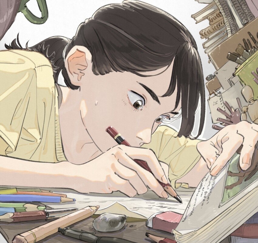 1girl, asobizukuri, book, book_stack, brown_eyes, brown_hair, colored_pencil, commentary_request, covered_mouth, cup, eraser, highres, holding, holding_pencil, horse, long_hair, making-of_available, notebook, open_book, original, paper, pencil, ponytail, scissors, sitting, solo, sweatdrop, writing