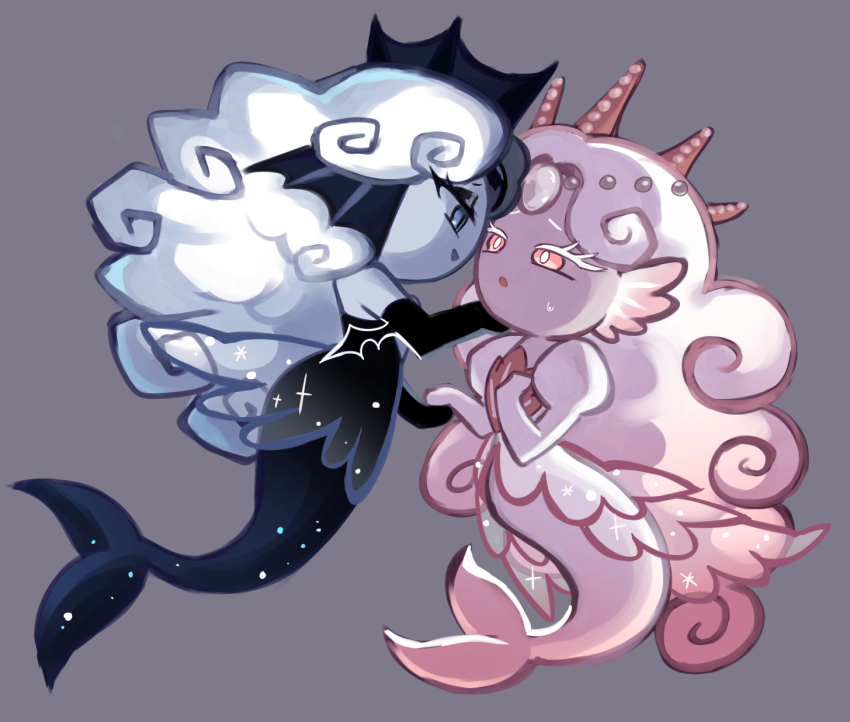 2girls, bat_wings, black_eyeshadow, black_gloves, black_pearl_cookie, blue_eyes, blue_hair, colored_eyelashes, colored_skin, commentary, cookie_run, crown, curly_hair, curvy, dbrs, dual_persona, eyeshadow, female_focus, fins, fish_tail, forehead_jewel, full_body, furrowed_brow, gem, glitter, gloves, grey_background, grey_skin, hand_under_chin, hands_on_own_chest, highres, light_blue_hair, long_glove, long_sleeves, looking_at_another, makeup, mermaid, monster_girl, multiple_girls, parted_bangs, parted_lips, pearl_(gemstone), pearls, pink_eyes, pink_hair, pink_skin, puffy_long_sleeves, puffy_sleeves, seashell, shell, shell_print, simple_background, slit_pupils, smile, sparkle, sweatdrop, tagme, tail, translucent, see-through_dress, white_eyelashes, white_hair, white_pearl_cookie, wings