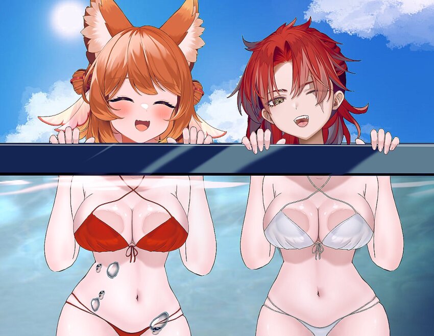 2girls, against_glass, animal_ear_fluff, animal_ears, artist_request, bikini, blaise_shinryu, blush, breast_press, breasts_on_glass, bubble, closed_eyes, cloud, criss-cross_halter, double_bun, eien_project, fox_ears, fox_girl, hair_bun, halterneck, mirri_saffire, multiple_girls, navel, one_eye_closed, open_mouth, orange_hair, partially_submerged, red_bikini, red_hair, scar, scar_across_eye, scar_on_face, second-party_source, sky, sun, swimsuit, virtual_youtuber, white_bikini, yellow_eyes