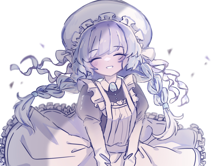 1girl, apron, blue_skin, blush, bonnet, bow, braid, brooch