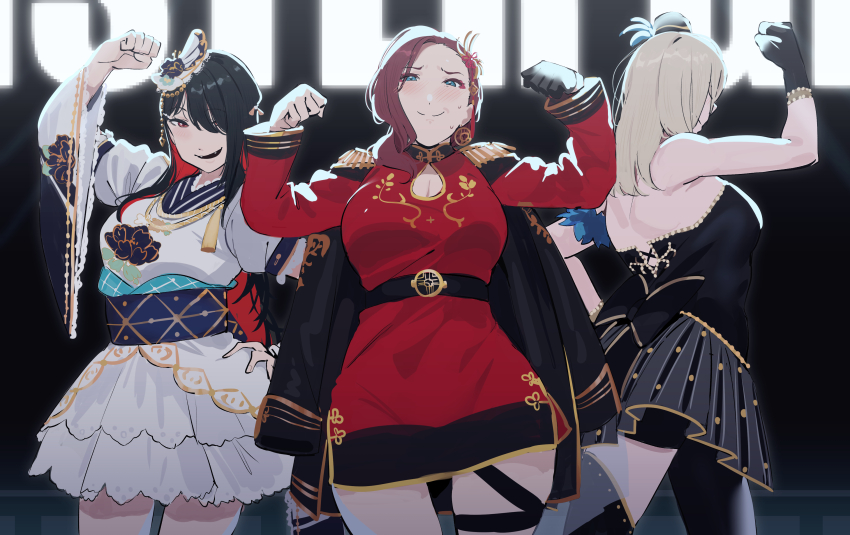 3girls, absurdres, backless_dress, backless_outfit, black_dress, black_gloves, black_hair, blue_eyes, blue_sash, blush, breasts, brown_hair, character_request, check_character, cleavage, cleavage_cutout, clenched_hands, closed_mouth, clothing_cutout, colored_inner_hair, commentary_request, cosplay, deformed, dress, epaulettes, fangs, gloves, grey_hair, highres, i'm_still..._(love_live!), japanese_clothes, ketsui_no_hikari, large_breasts, long_sleeves, love_live!, love_live!_nijigasaki_high_school_idol_club, mature_female, mia_taylor, mia_taylor's_mother, mia_taylor_(cosplay), mifune_kaoruko, mifune_shioriko, mifune_shioriko_(cosplay), multicolored_hair, multiple_girls, obi, okpriko, open_mouth, queendom_(love_live!), red_dress, red_eyes, sash, short_dress, side_slit, single_glove, smile, split_mouth, strapless, strapless_dress, thai_commentary, white_dress, zhong_lanzhu, zhong_lanzhu's_mother, zhong_lanzhu_(cosplay)