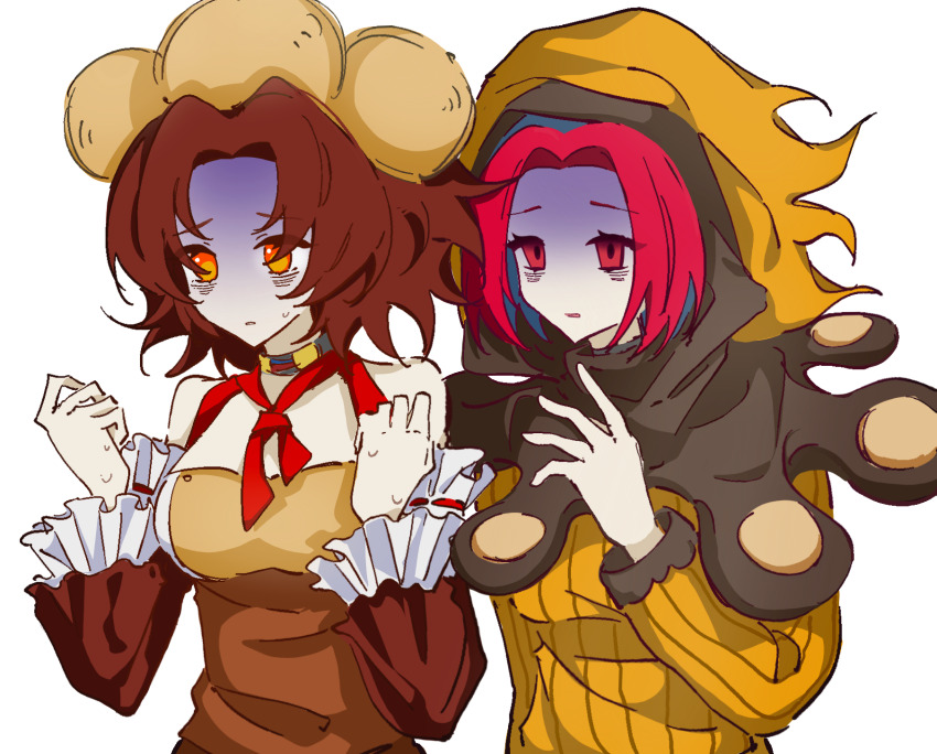 2girls, blue_hair, breasts, brown_hair, brown_hat, brown_shirt, brown_sleeves, chinese_commentary