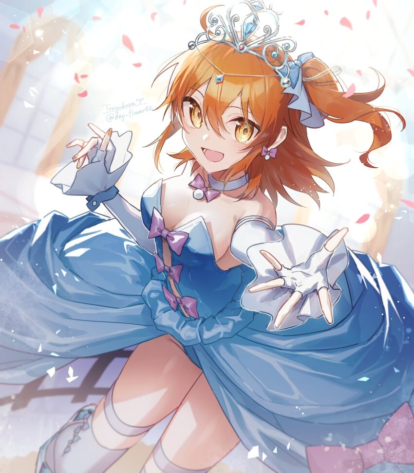 1girl, blue_dress, bow, bow_earrings, choker, cosplay, detached_sleeves, dress