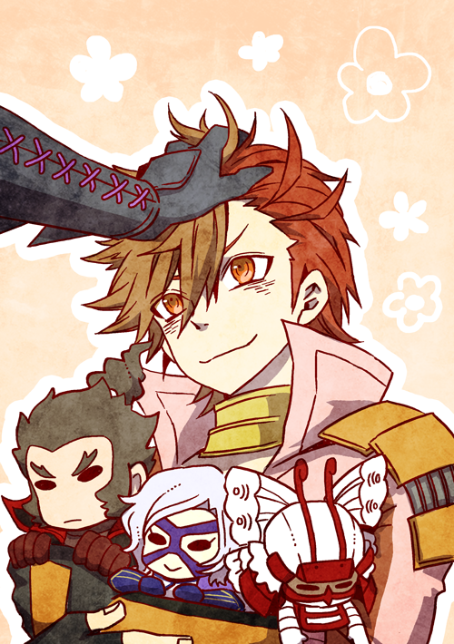 2boys, brown_hair, flower_symbol, ha0810, headpat, ishida_mitsunari_(sengoku_basara), male_focus, multicolored_hair