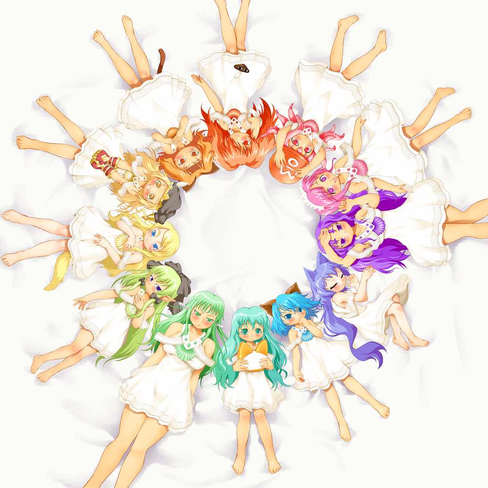 >:), 6+girls, :p, animal_ears, bare_shoulders, barefoot, blonde_hair, blue_eyes