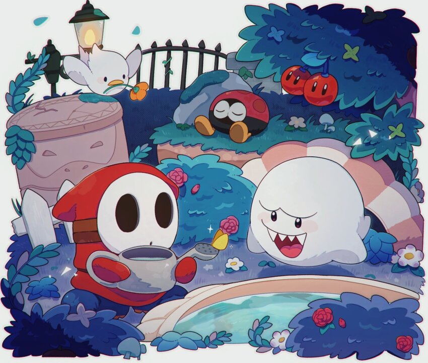 biddybud, bird, black_eyes, boo_(mario), bright_pupils, bug, butterfly, closed_eyes