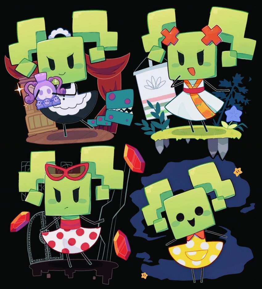 1girl, :d, black_background, black_eyes, blank_eyes, dress, eyewear_on_head, highres, holding, looking_at_viewer, maid, maid_headdress, mario_(series), mimi_(paper_mario), mofupoyo, multiple_views, nintendo, open_mouth, paper_mario, polka_dot, polka_dot_dress, red_dress, smile, super_paper_mario, twintails, v-shaped_eyebrows, white_dress, yellow_dress