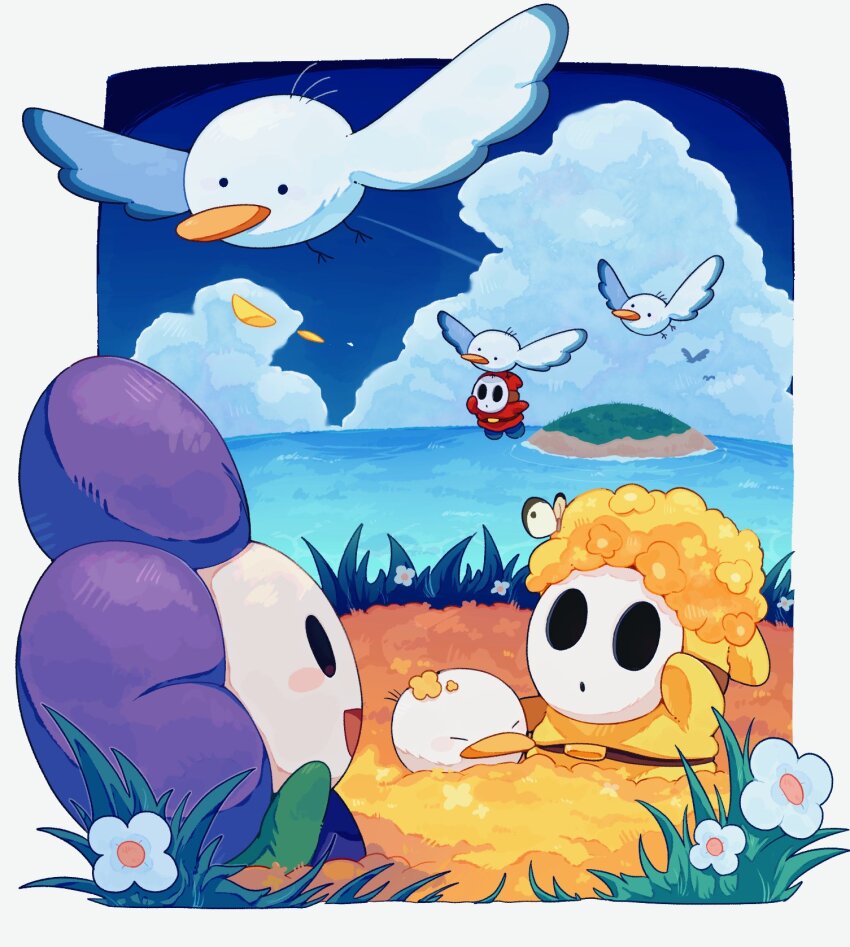 :d, bird, blue_sky, blush_stickers, cloud, cloudy_sky, crazee_dayzee, flower