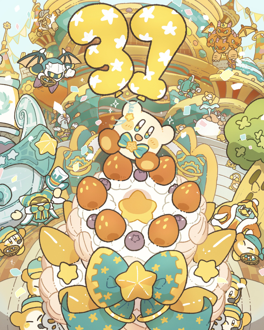 :d, anniversary, arms_up, black_eyes, blueberry, blush_stickers, bow, bowtie