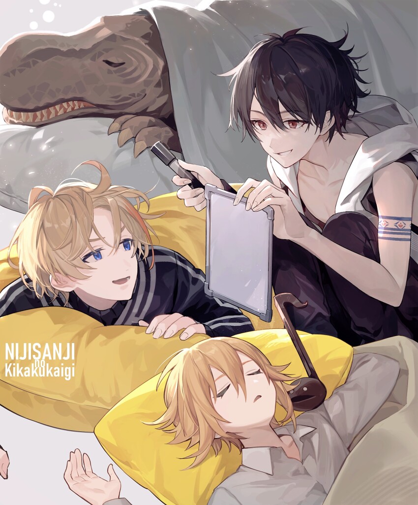 3boys, arm_tattoo, black_hair, blonde_hair, collared_shirt, copyright_name, dinosaur, fura_kanato