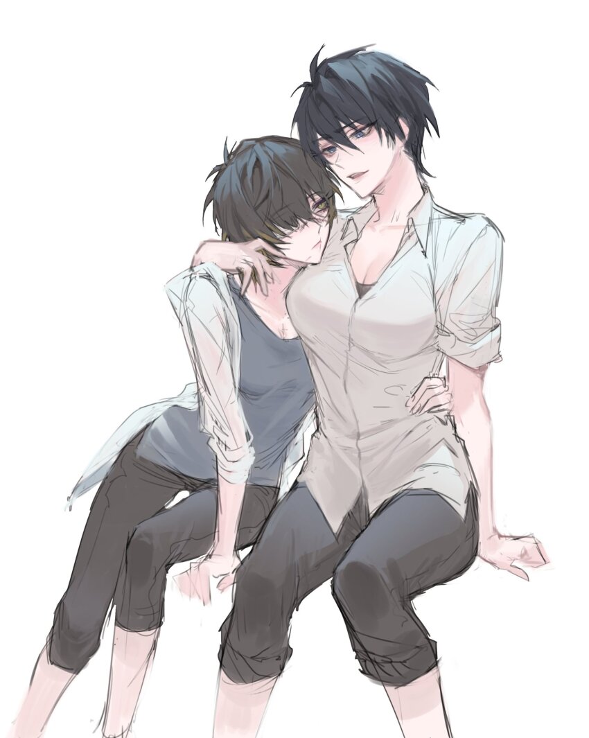 2girls, breasts, cleavage, fujieda_ryo, genderswap, genderswap_(mtf), hands_on_another's_hips, hands_on_another's_shoulders, highres, kshwan181, looking_at_another, multiple_girls, sitting, slow_damage, towa_(slow_damage), yuri