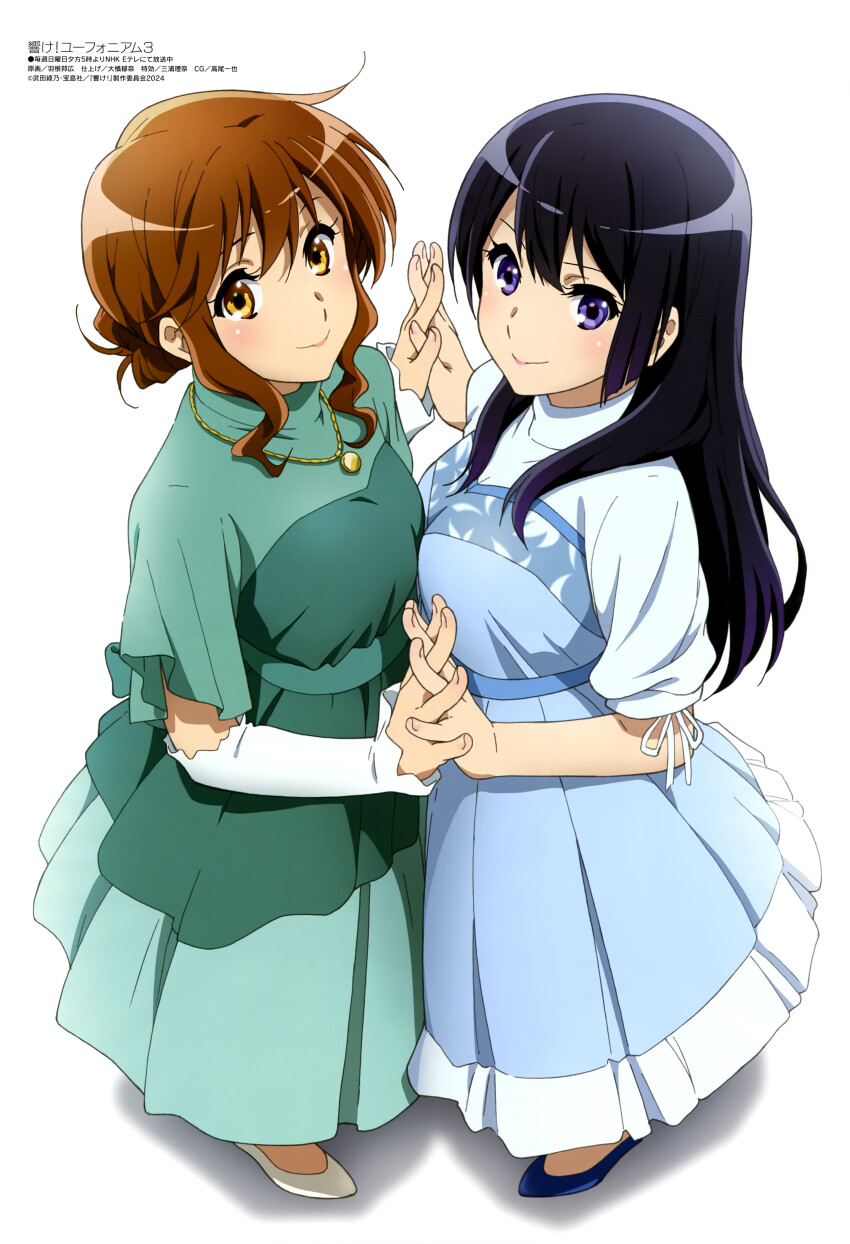 2girls, absurdres, asymmetrical_docking, black_hair, blue_dress, breast_press, breasts, brown_eyes