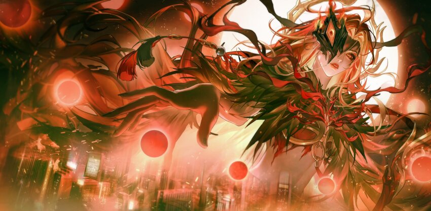 1girl, black_feathers, feathers, feichuan02, highres, looking_down, midriff, orb