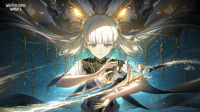 1girl, 1other, black_collar, black_shirt, bow, breasts, bright_pupils, cleavage