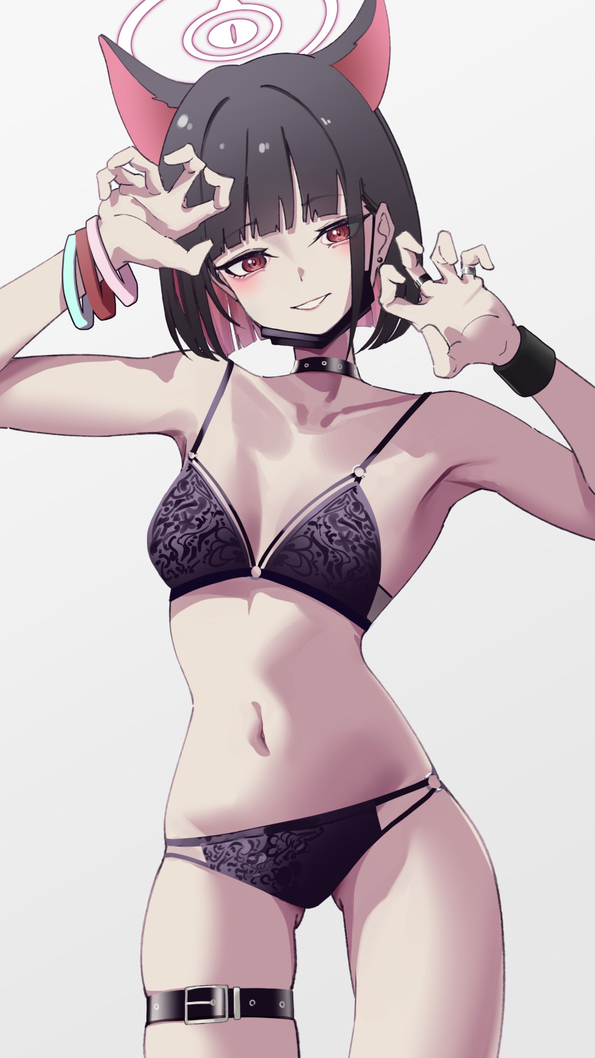 1girl, absurdres, animal_ears, belt, black_bra, black_choker, black_hair, black_mask, black_panties, blue_archive, bra, breasts, cat_ears, choker, claw_pose, colored_inner_animal_ears, colored_inner_hair, cowboy_shot, extra_ears, halo, highres, jewelry, kazusa_(band)_(blue_archive), kazusa_(blue_archive), kokawaaokawa, looking_at_viewer, mask, mask_pull, medium_breasts, mouth_mask, multicolored_hair, navel, o-ring, o-ring_bottom, o-ring_panties, panties, pink_hair, pink_halo, red_eyes, ring, short_hair, simple_background, skindentation, solo, stomach, thigh_belt, thigh_strap, underwear, underwear_only, white_background, wristband