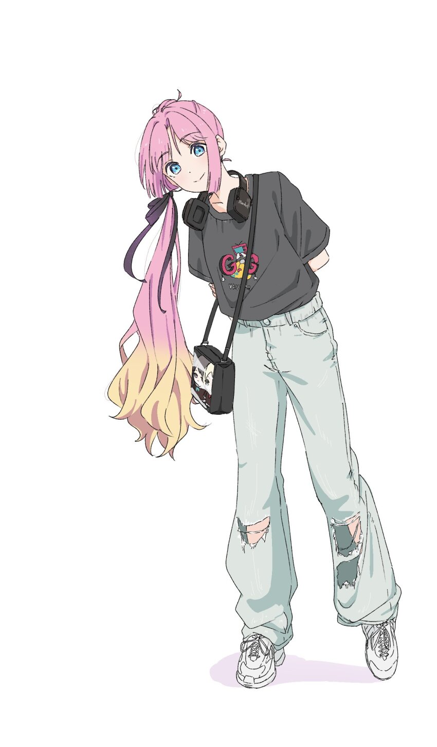 1girl, ahoge, alt_text, alternate_costume, anyoji_hime, bag, black_ribbon, black_shirt