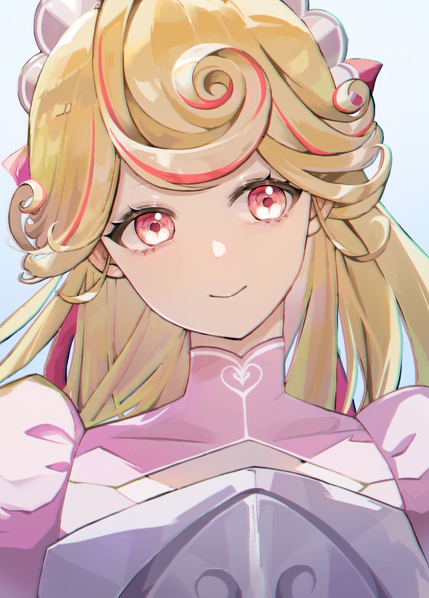 1girl, absurdres, aegyo_sal, armor, blonde_hair, blue_background, chest_armor, cleavage_cutout