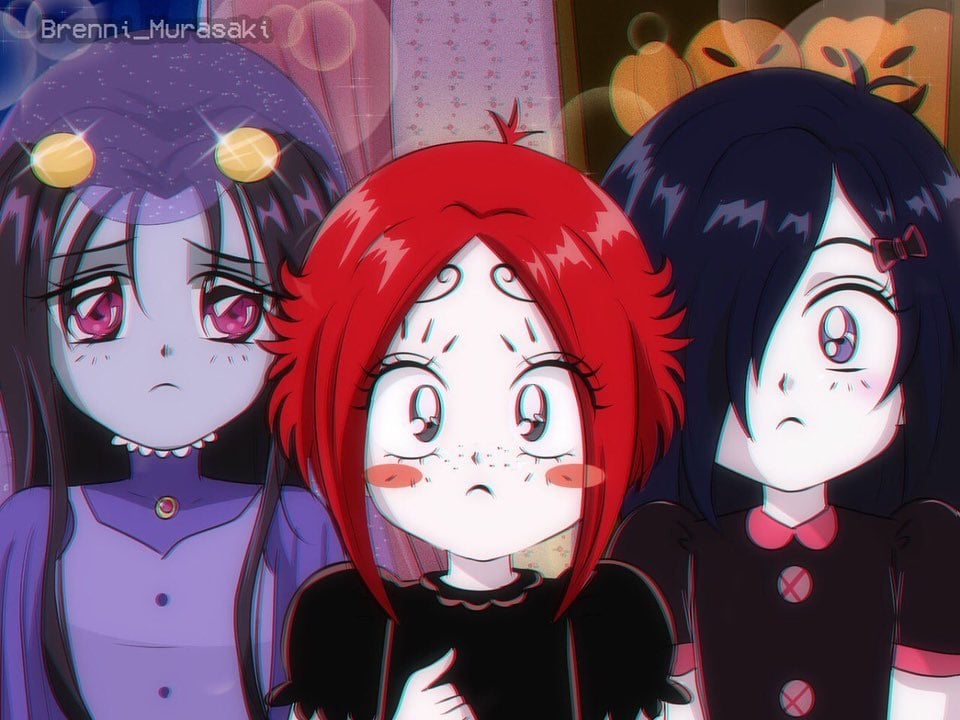 1990s_(style), 3girls, animification, artist_name, black_dress, blush, brenni_murasaki, colored_skin, dress, food, hair_ornament, iris_(ruby_gloom), long_hair, long_sleeves, misery_(ruby_gloom), multiple_girls, one-eyed, puffy_short_sleeves, puffy_sleeves, pumpkin, purple_dress, purple_eyes, purple_skin, red_eyes, red_hair, retro_artstyle, ribbon, ruby_gloom, ruby_gloom_(character), sad, short_hair, short_sleeves, vegetable, veil, white_skin