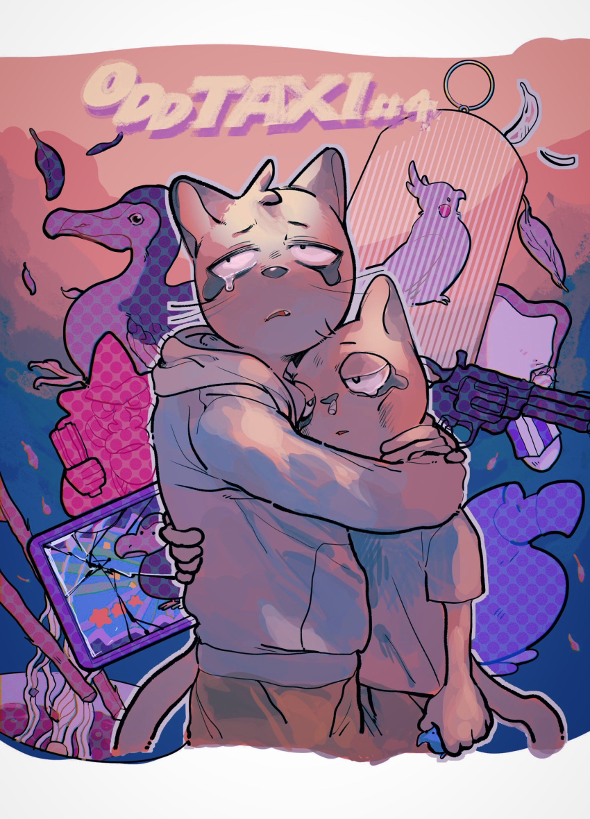 2boys, animal_ears, animal_nose, bird, birdcage, blue_hoodie, cage, cat_boy