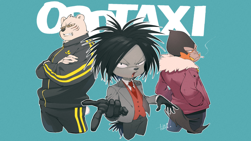 3boys, animal_ears, animal_nose, batta1107, bear_boy, bear_ears, black_gloves, black_hair