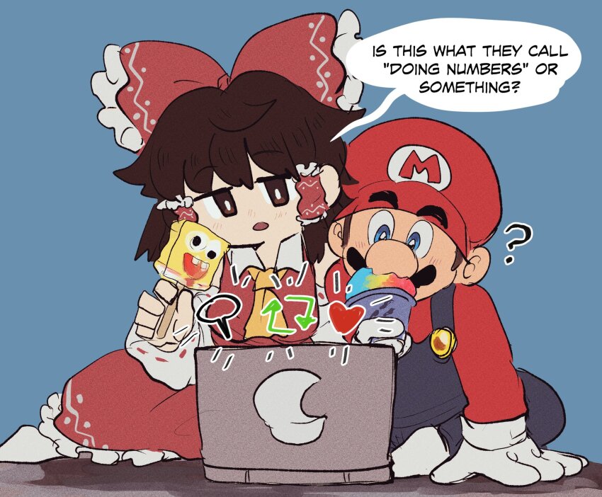 1boy, 1girl, ?, ascot, black_hair, blue_background, blue_eyes, blue_overalls