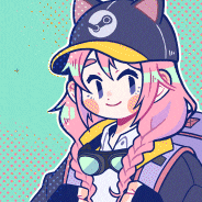 1girl, animal_ears, animated, animated_gif, aqua_background, backpack, bag, baseball_cap, black_eyes, black_gloves, black_jacket, blush_stickers, braid, cat_ears, closed_mouth, collared_shirt, fake_animal_ears, fingerless_gloves, gloves, goggles, goggles_around_neck, hat, jacket, looking_at_viewer, lowres, nemupan, official_art, pink_hair, shirt, smile, solo, steam_(platform), steam_delivery_girl, twin_braids, upper_body, white_shirt