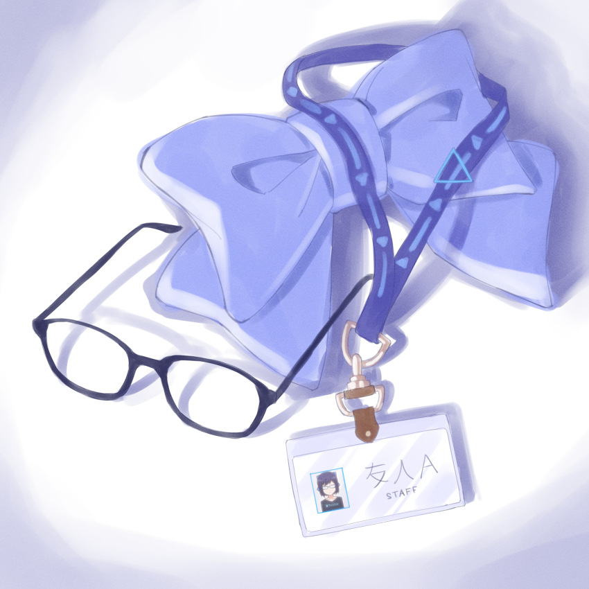 a-chan_(hololive), absurdres, blue_bow, blue_bowtie, bow, bowtie, ginfutsuu, glasses, highres, hololive, id_photo, lanyard, name_tag, no_humans, object_focus, translated, virtual_youtuber