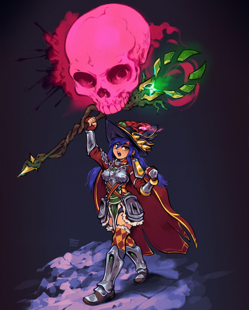 1girl, absurdres, argyle_clothes, argyle_legwear, armor, armored_boots, bestfriendforever, blue_hair, boots, breasts, cape, casting_spell, commentary, commission, commissioner_upload, completionist_cape_(runescape), cuirass, dang_(runescape), duellist's_cap_(tier_6), english_commentary, fantasy, fingerless_gloves, fire, fractured_staff_of_armadyl_(runescape), full_body, fur_trim, gloves, gradient_background, hat, highres, holding, long_hair, magic, medieval, medium_breasts, original, pink_fire, plate_armor, runescape, skull, solo, spiked_ear_piercing, standing, thick_eyebrows, weapon, yellow_eyes