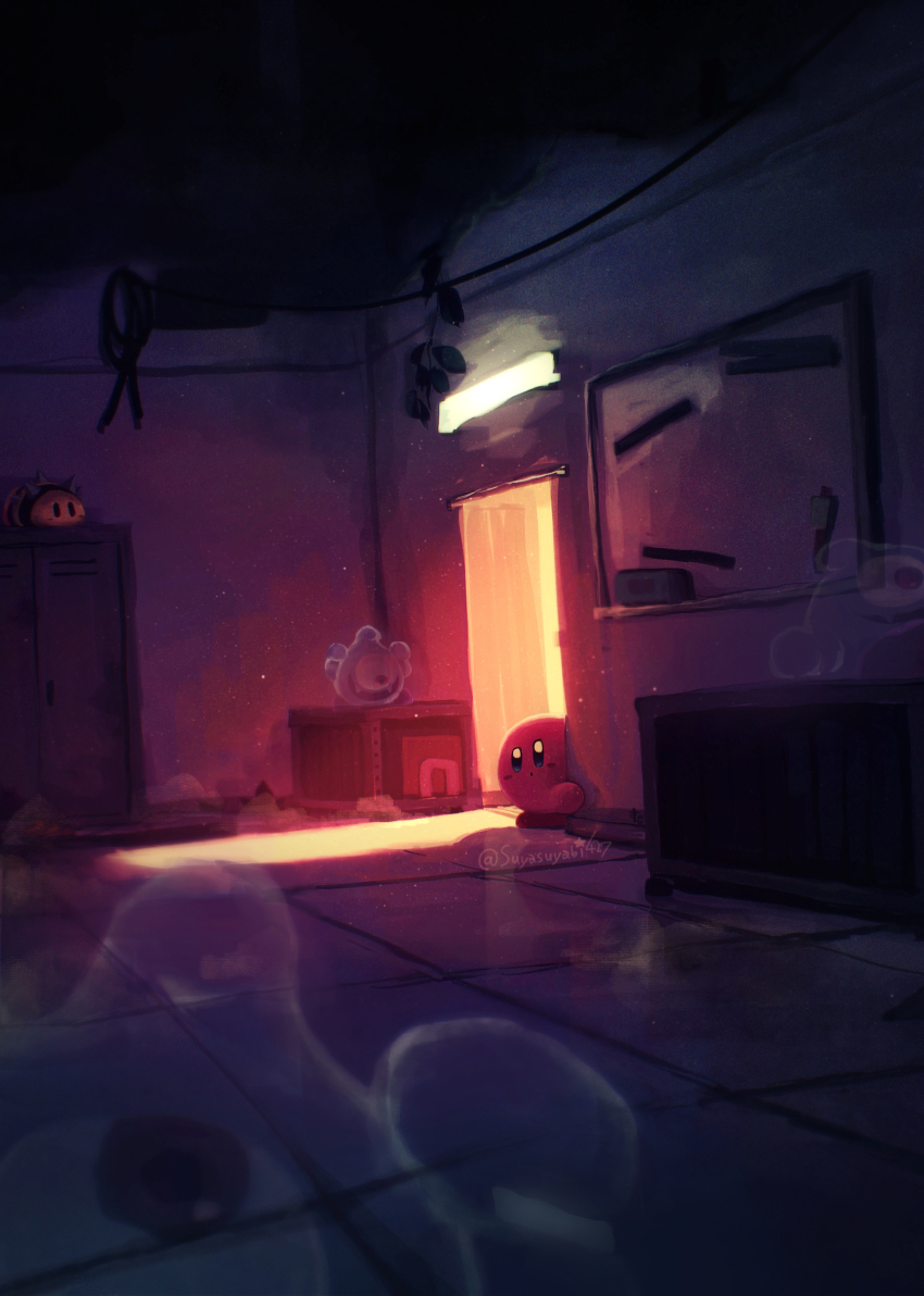 :o, absurdres, black_eyes, blush_stickers, bright_pupils, dark, doorway, ghost