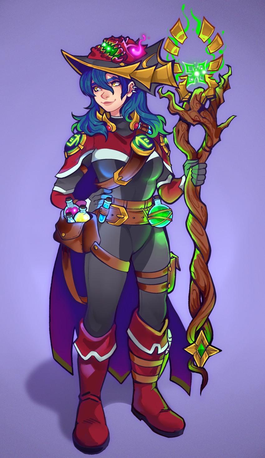 1girl, absurdres, armor, belt_buckle, belt_pouch, blue_hair, boot_knife, boots