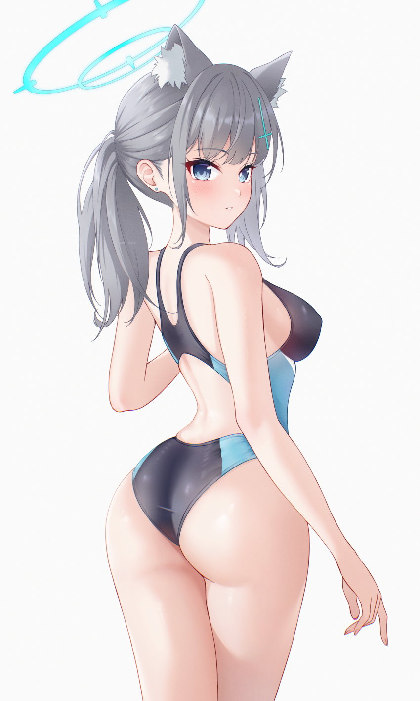 1girl, absurdres, animal_ear_fluff, animal_ears, arm_at_side, artist_name, ass, back, bare_arms, bare_shoulders, blue_archive, blue_eyes, blue_halo, blush, breasts, commentary_request, competition_swimsuit, covered_erect_nipples, cowboy_shot, cross_hair_ornament, earrings, expressionless, extra_ears, eyelashes, from_behind, grey_hair, hair_ornament, halo, hand_up, highres, jewelry, long_hair, looking_to_the_side, medium_breasts, meyrink, mismatched_pupils, multicolored_swimsuit, official_alternate_costume, one-piece_swimsuit, parted_lips, ponytail, revision, shiroko_(blue_archive), shiroko_(swimsuit)_(blue_archive), sideboob, sidelocks, simple_background, solo, standing, swimsuit, teeth, turning_head, white_background, wolf_ears